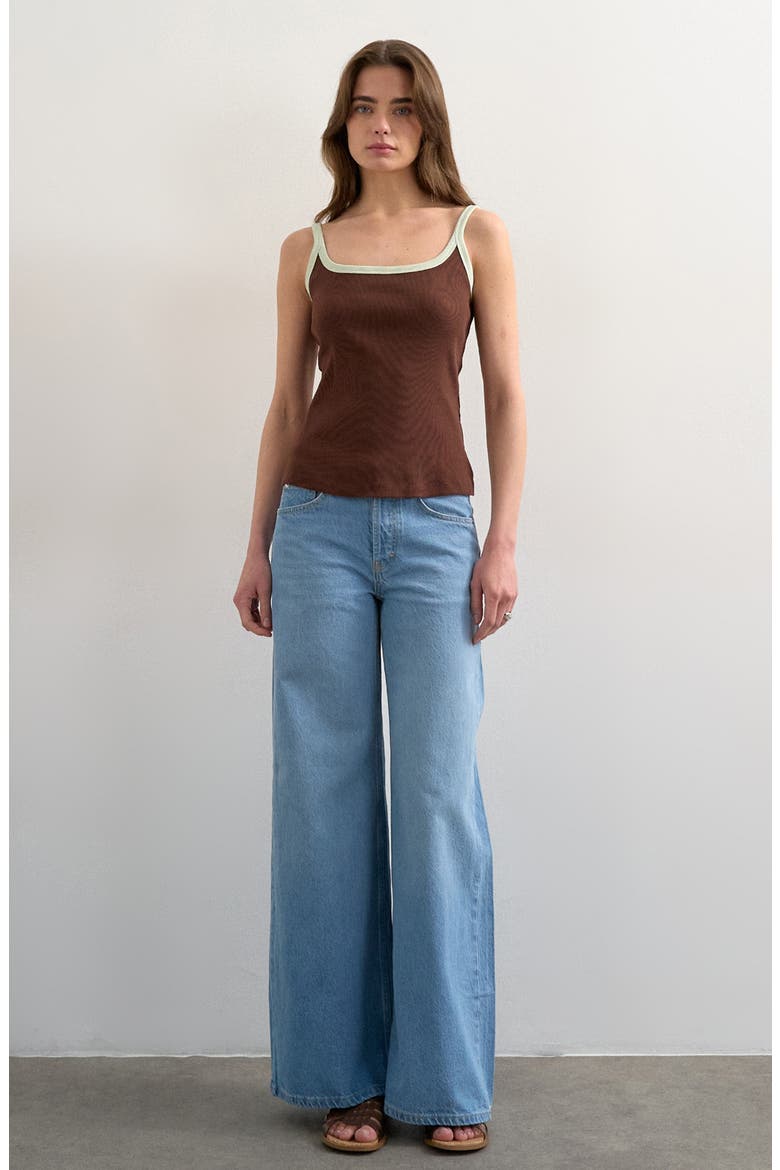 Scoop Neck Contrast Strap Stretch Cotton Rib Tank, Alternate, color, BROWN