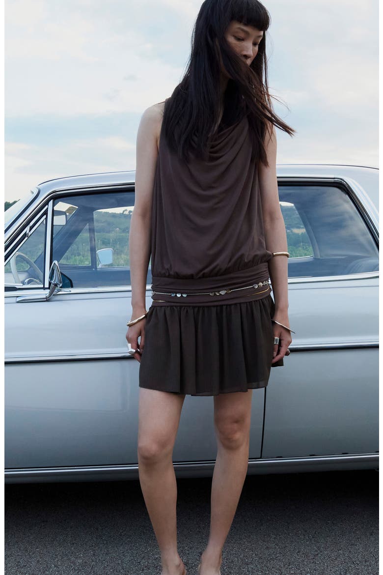 Draped Ruffle Hem Dress, Alternate, color, BROWN