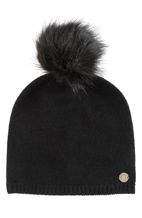 Wool & Cashmere Blend Knit Beanie with Genuine Shearling Pompom
