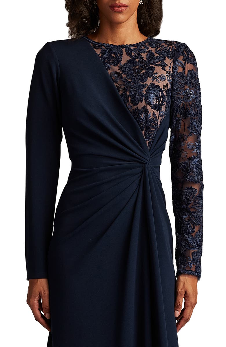 Tadashi Shoji Lace & Sequin Long Sleeve Gown, Alternate, color, Navy/ Nude