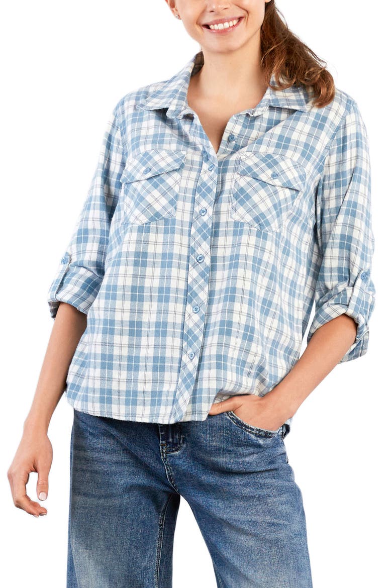 Over the Moon Oversize Cotton Flannel Button-Up Shirt, Alternate, color, BLUE COMBO PLAID
