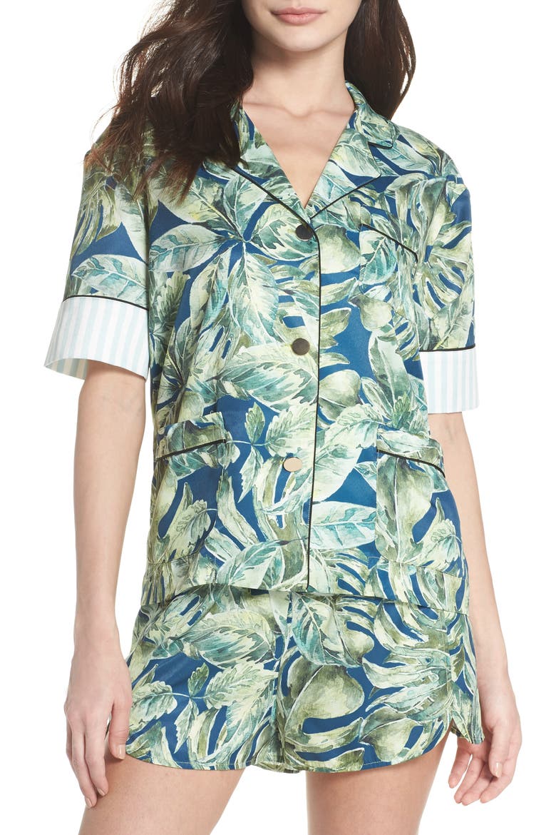 Short Stripe Satin Pajamas, Main, color, GUNMETAL