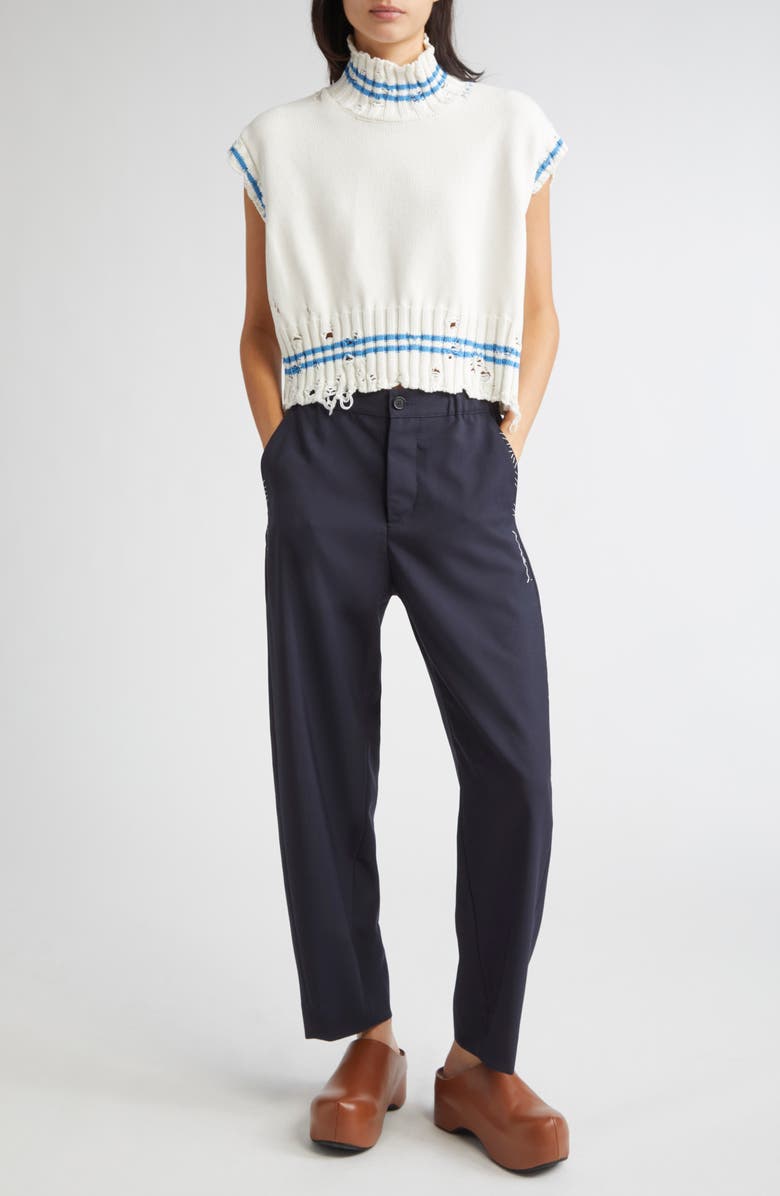 Marni Mending Logo Distressed Boxy Cotton Turtleneck Sweater, Alternate, color, V2w01 Lily White