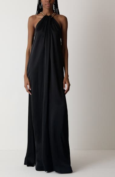 Stella McCartney Chain Crossover Halter Satin Gown | Nordstrom