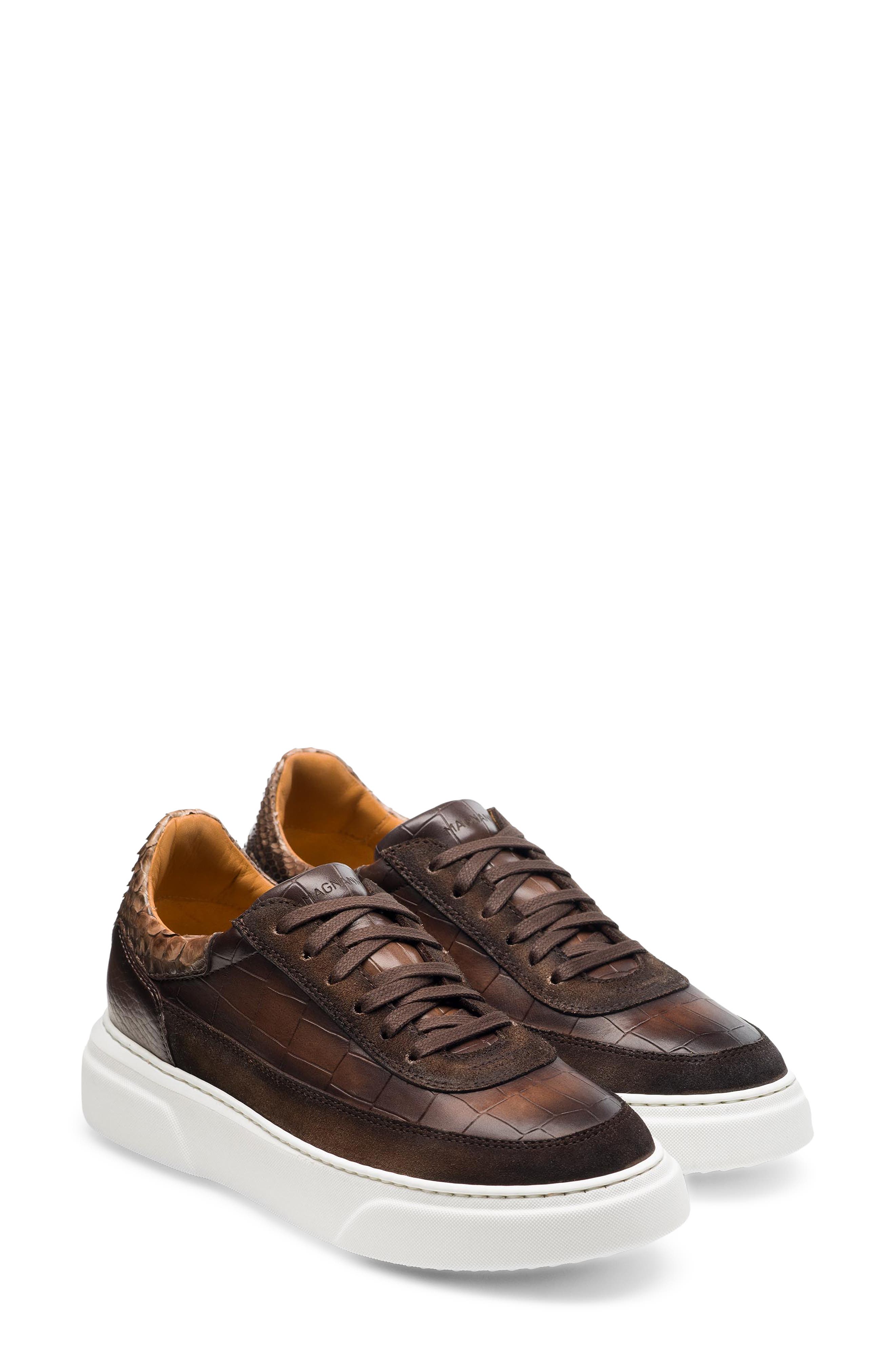 Mia Croc Embossed Leather Sneaker, Main, color, BROWN
