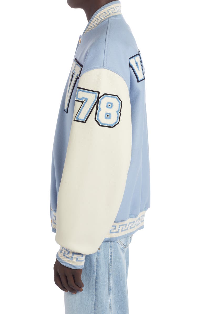 Versace Wool Blend Varsity Jacket with Leather Sleeves, Alternate, color, 