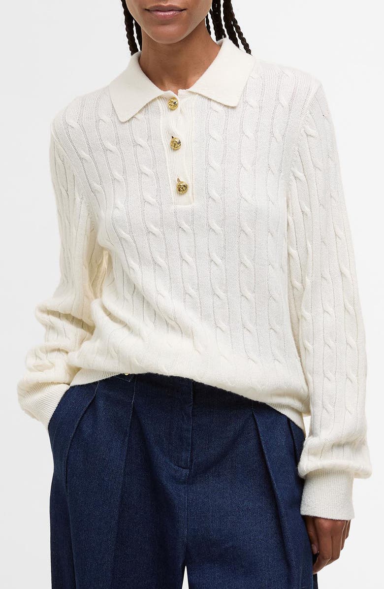 Barbour Evie Cable Stitch Polo Sweater, Main, color, Cloud
