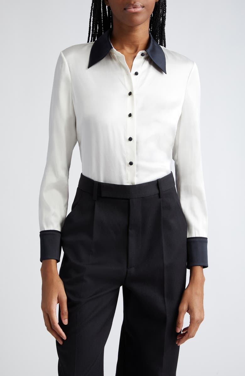 Alice + Olivia Willa Contrast Trim Stretch Silk Button-Up Shirt, Main, color, 