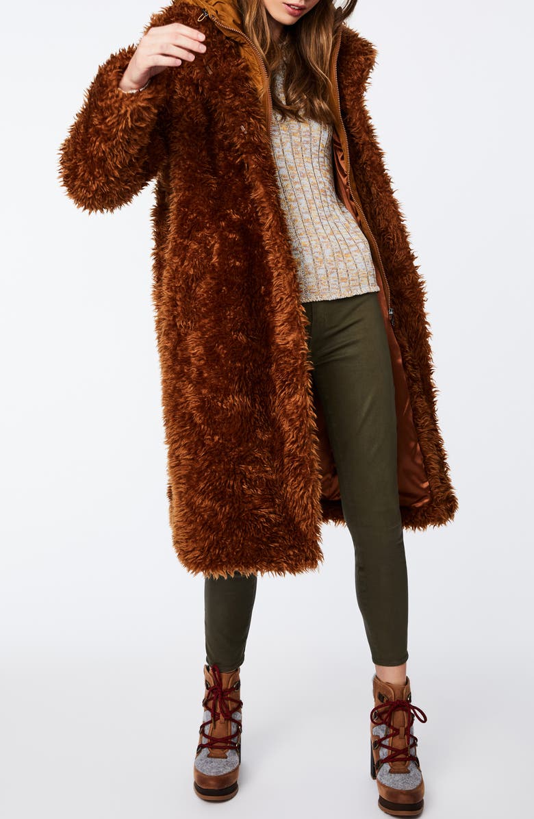 Bernardo Shaggy Faux Fur Coat with Removable Hooded Insert, Alternate, color,