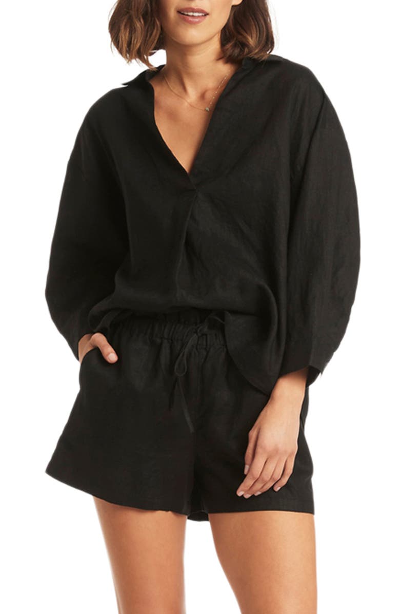 Sea Level Kyotot Linen Cover-Up Shirt, Main, color, 