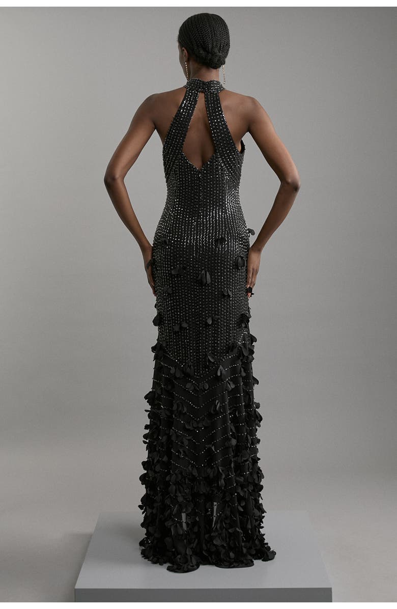 Karen Millen Crystal Rosette Halter-Neck Maxi Dress, Alternate, color, Black