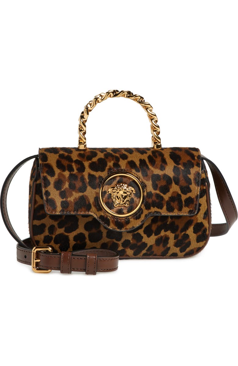 Versace Mini La Medusa Leopard Print Genuine Calf Hair Top Handle Bag, Main, color,