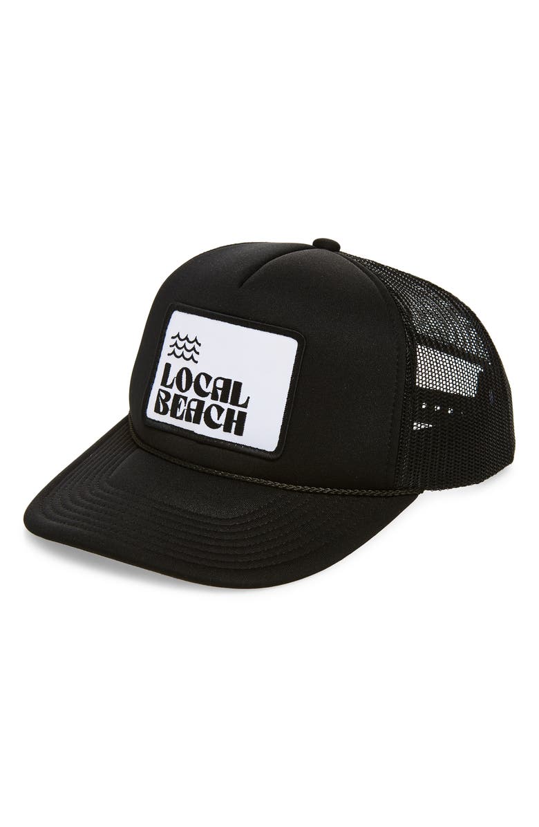 Local Beach Logo Patch Trucker Hat, Main, color, Black