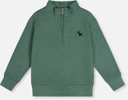 Deux par Deux Half Zip Mock Neck Brushed Knit Deer Graphic Sweater