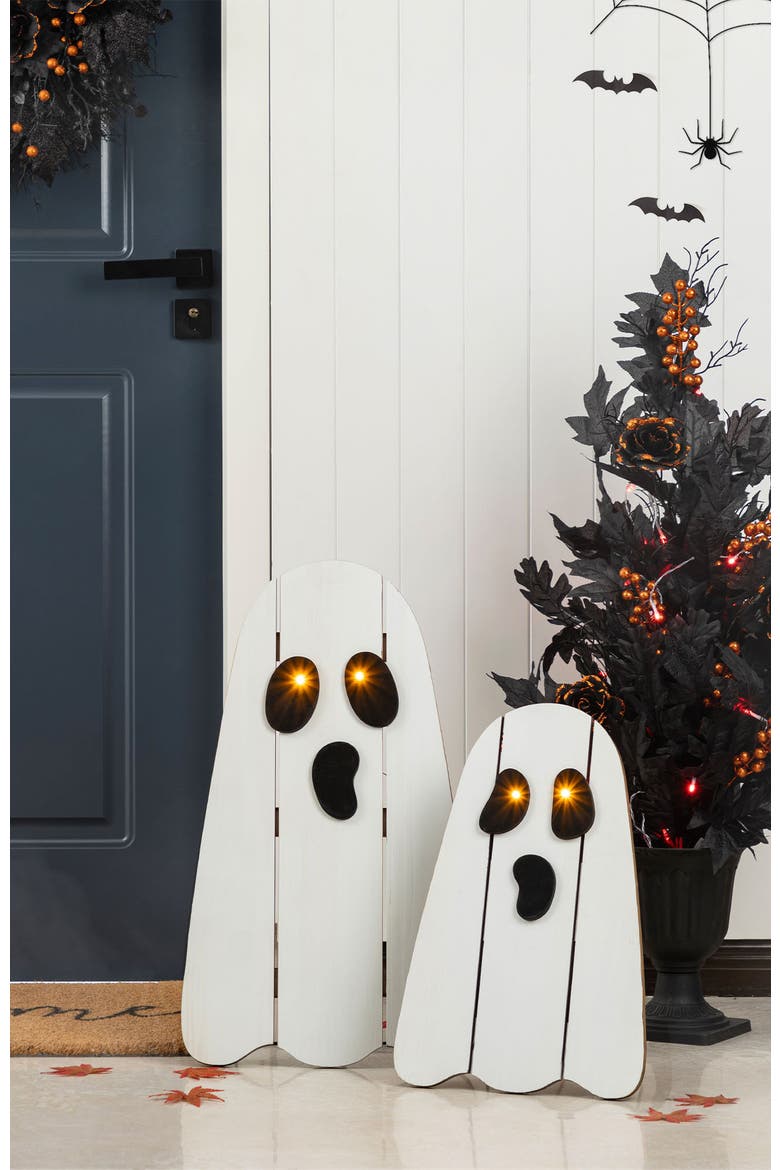 Set of 2 Halloween Lighted Wooden White Ghost Porch Decor with Timer, Alternate, color, White