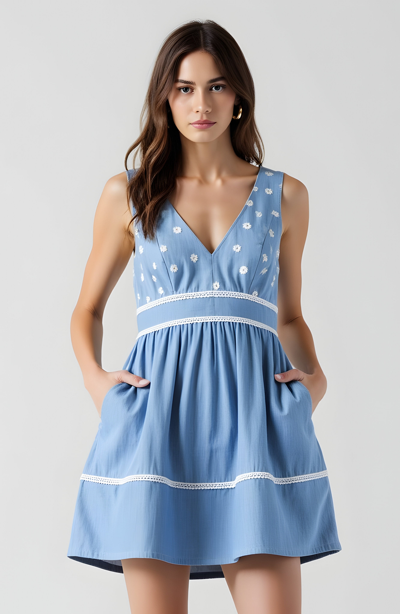 Modenaire Embroidered Sleeveless Lace-Trim V-Neck Mini Dress, Alternate, color, 