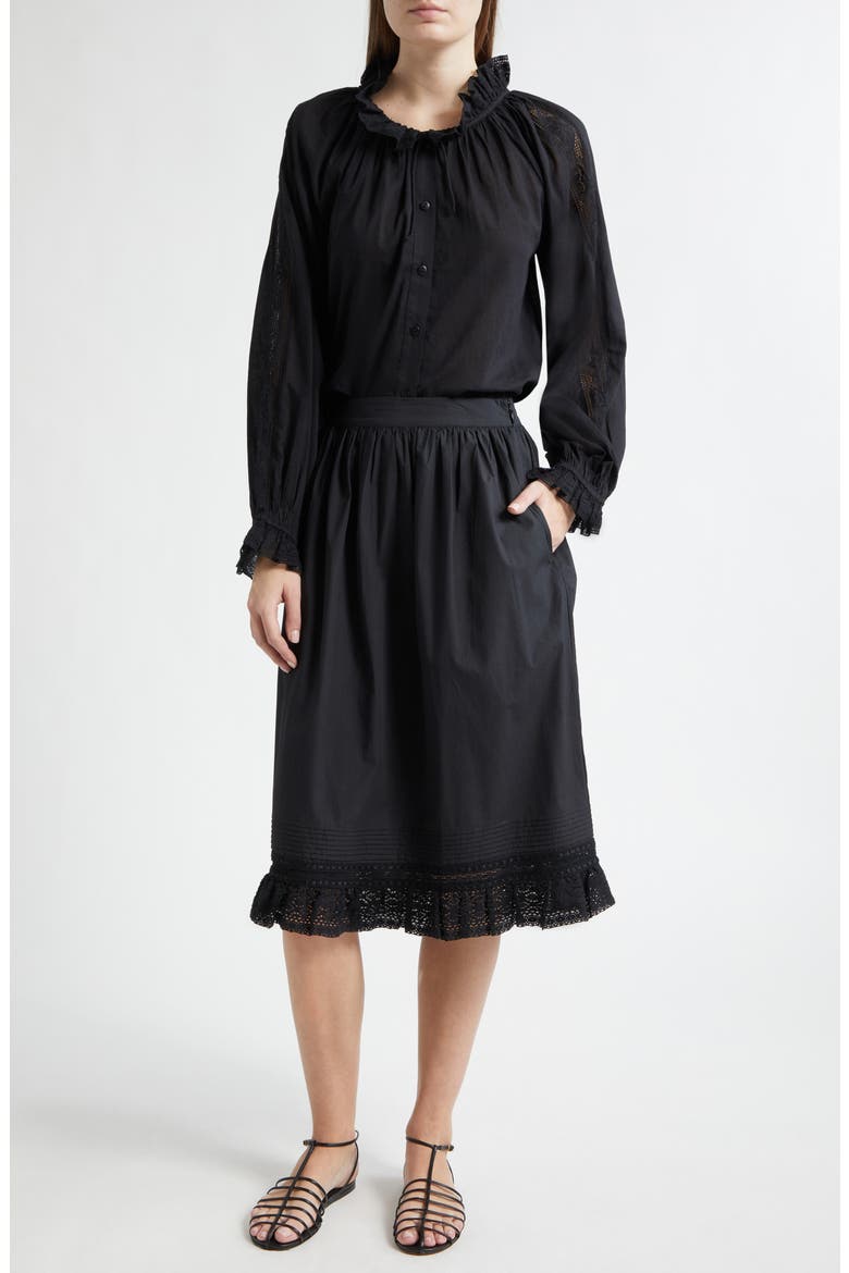 Annette Lace Detail Cotton Button-Up Shirt, Alternate, color, BLACK