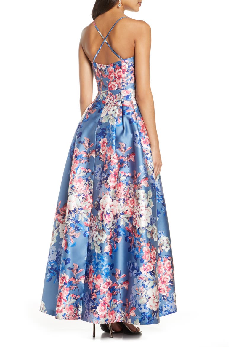 Floral Print Mikado Ballgown, Alternate, color, BLUE