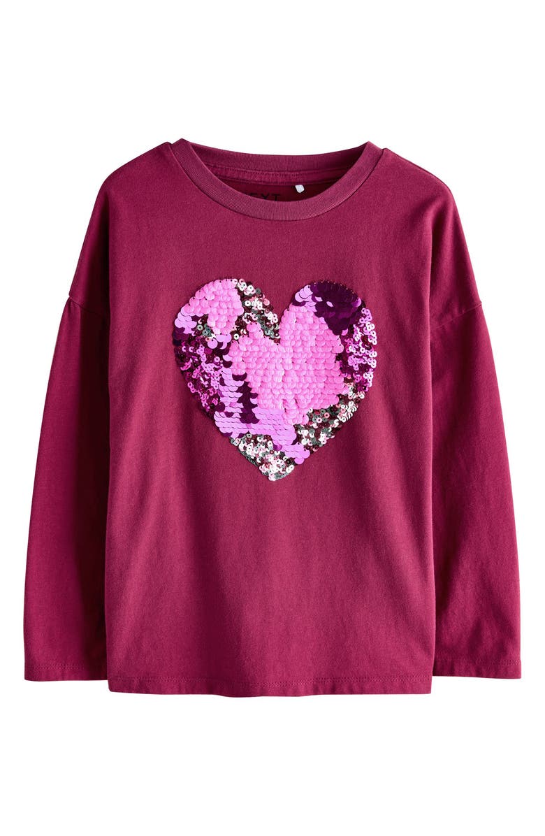 NEXT Kids' Sequin Heart T-Shirt, Main, color, Burgundy