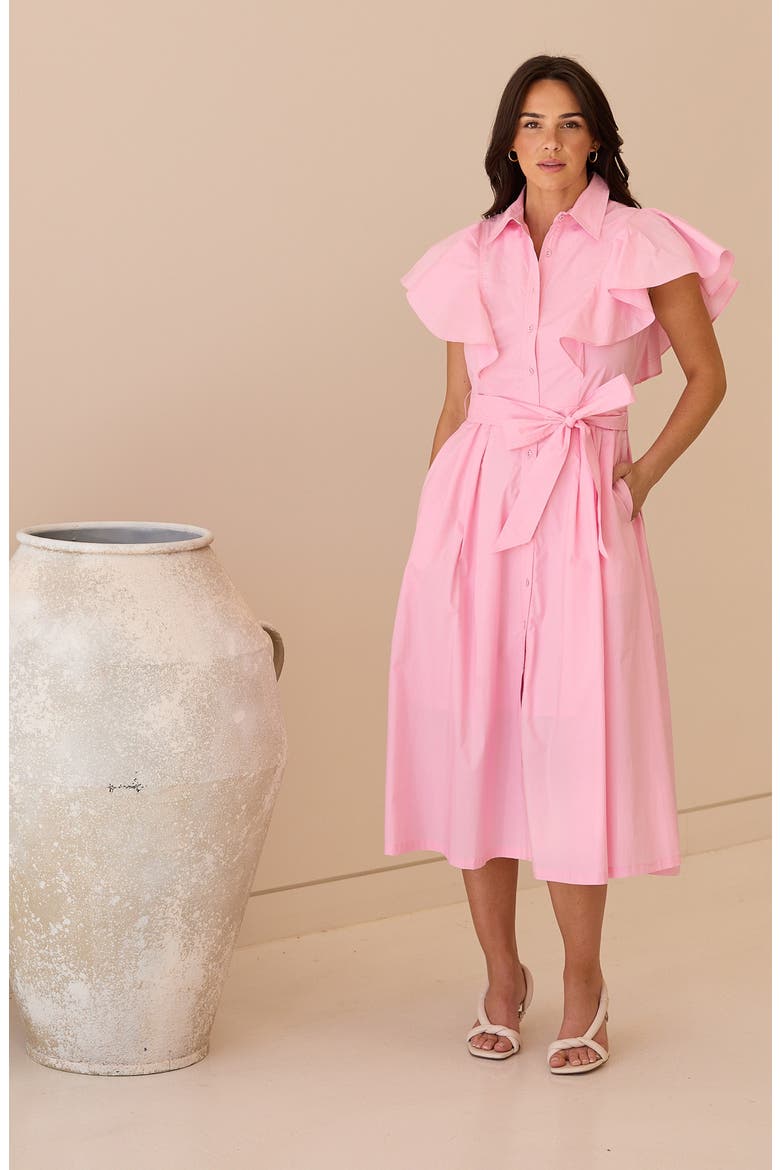 Marigold Ruffle Sleeve Cotton Midi Shirtdress, Alternate, color, PINK