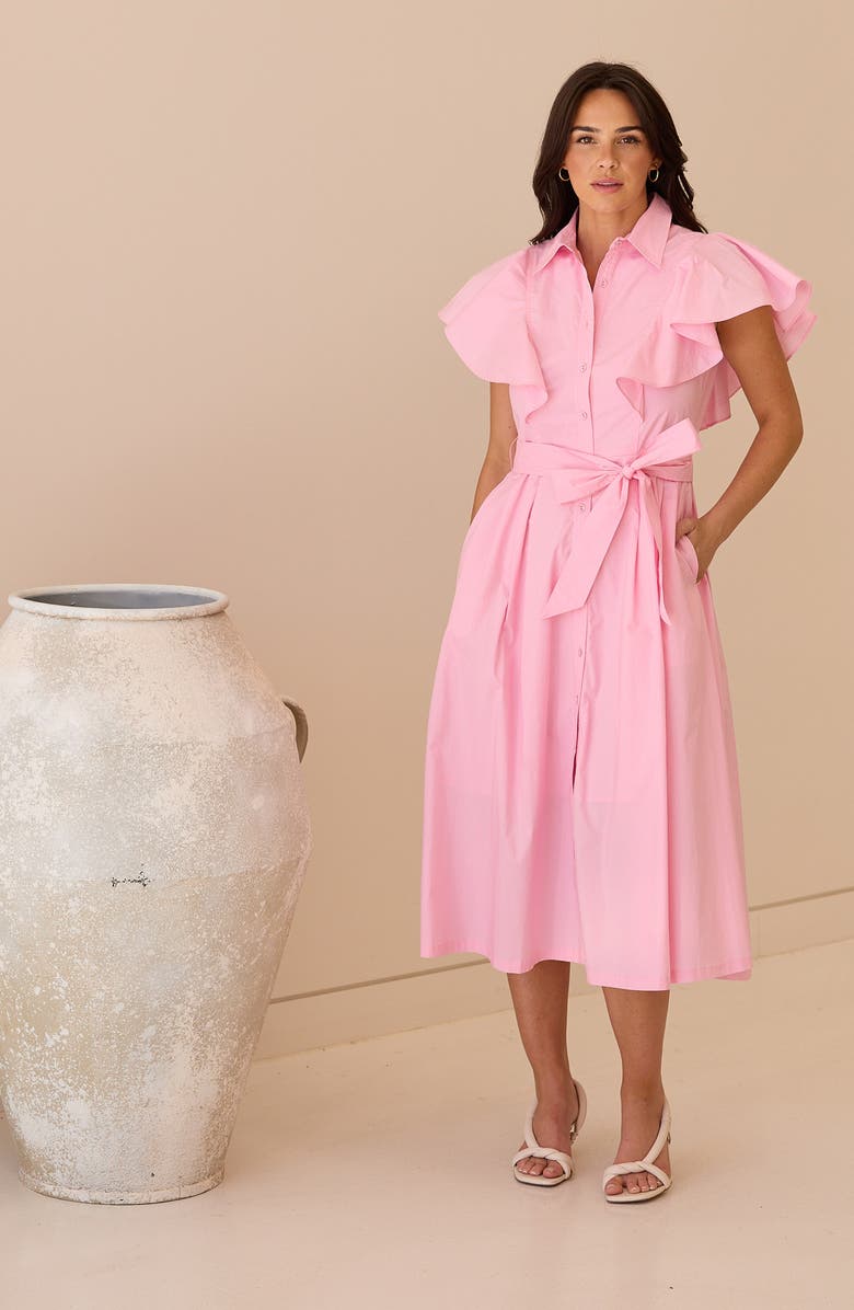 Brave+True Marigold Ruffle Sleeve Cotton Midi Shirtdress, Alternate, color, Pink