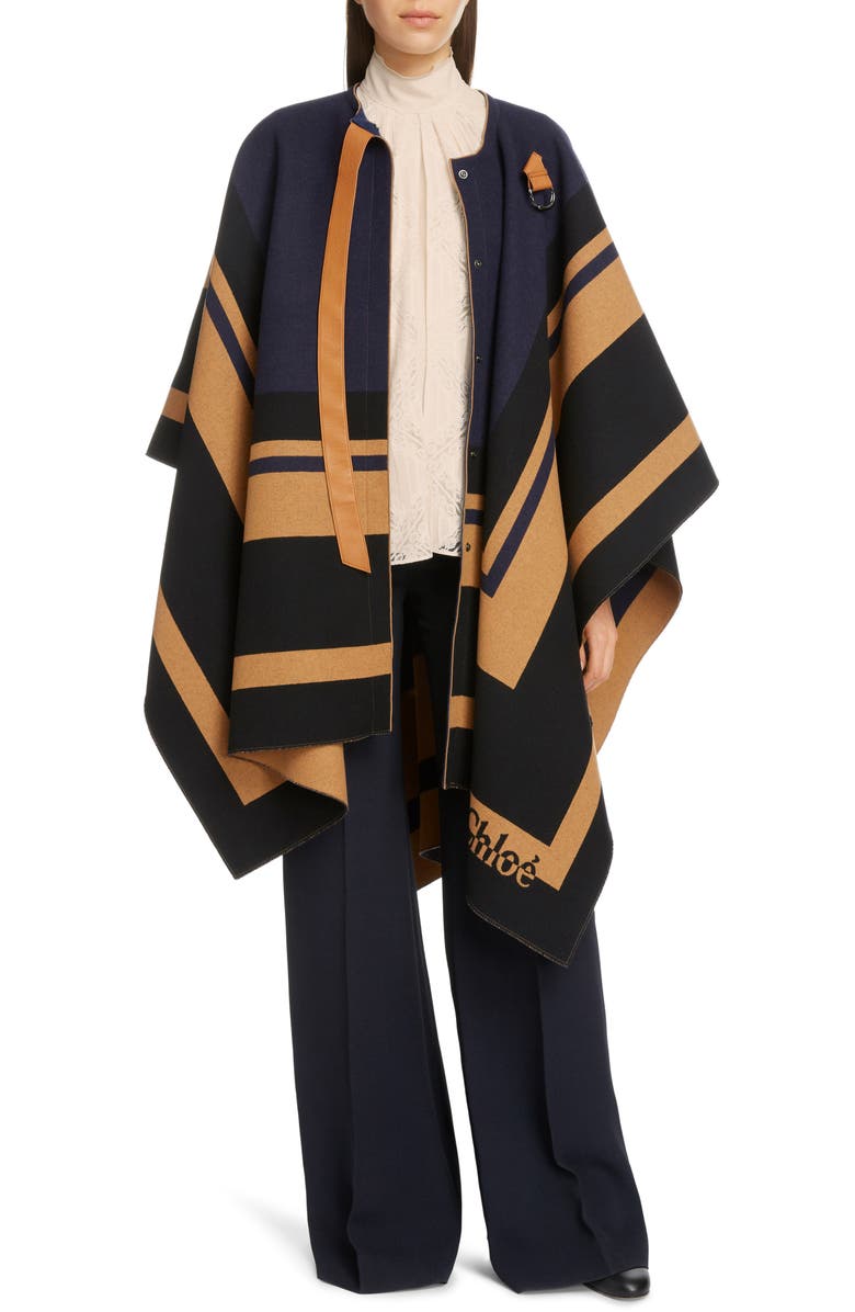 Chloé Stripe Trim Wool Cape, Alternate, color, 