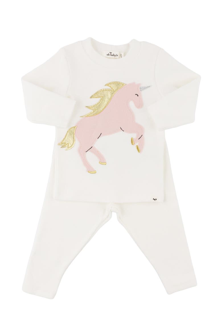 Prancing Unicorn Applique Long Sleeve Two Piece Set, Main, color, Cream