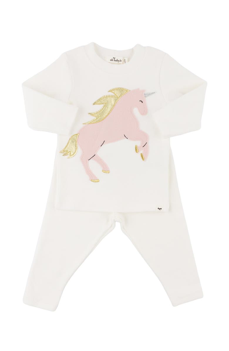 oh baby! Prancing Unicorn Applique Long Sleeve Two Piece Set, Main, color, Cream