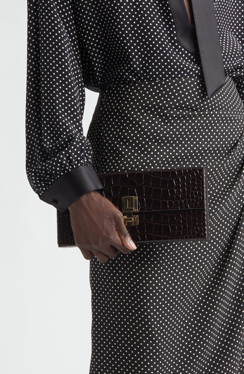 TOM FORD Croc Embossed Patent Leather East/West Box Clutch, Alternate, color, 1B087 Espresso