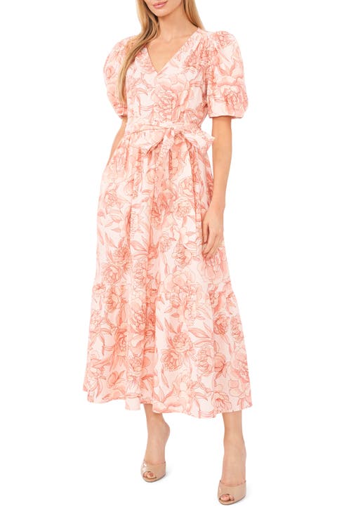 Floral Puff Sleeve Linen Blend Dress