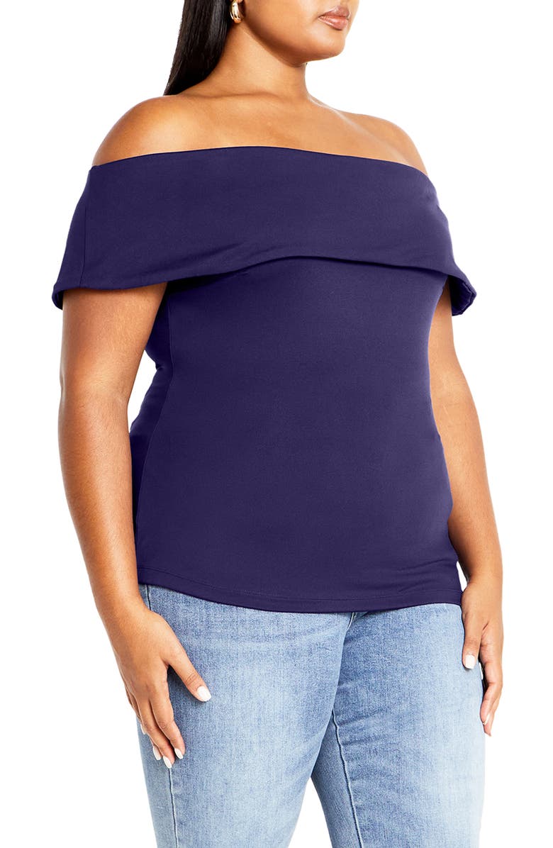City Chic Marseille Off the Shoulder Stretch Top, Alternate, color, Navy