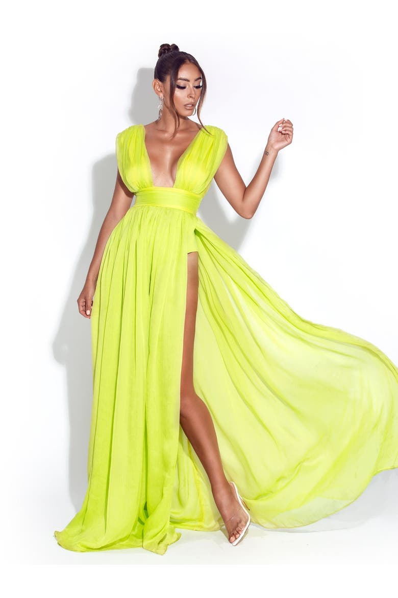 Valley Of Angels Chiffon Pleated High Slit Maxi Dress, Main, color, Lime