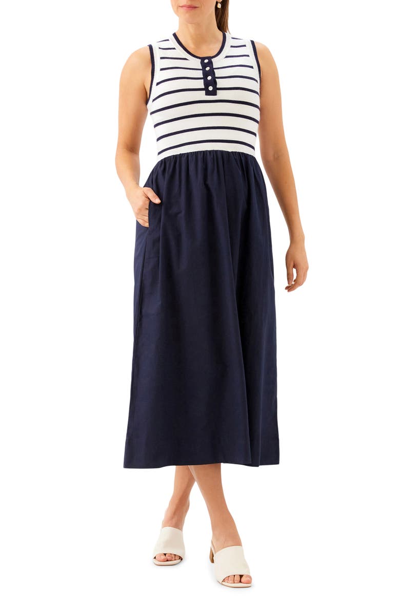 Stripe Mixed Media Midi Dress, Main, color, NAVY W/ OFF WHITE