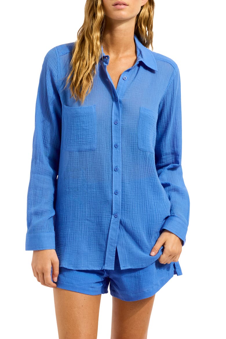 Breeze Beach Button-Up Cotton Gauze Cover-Up Shirt, Main, color, SAPPHIRE