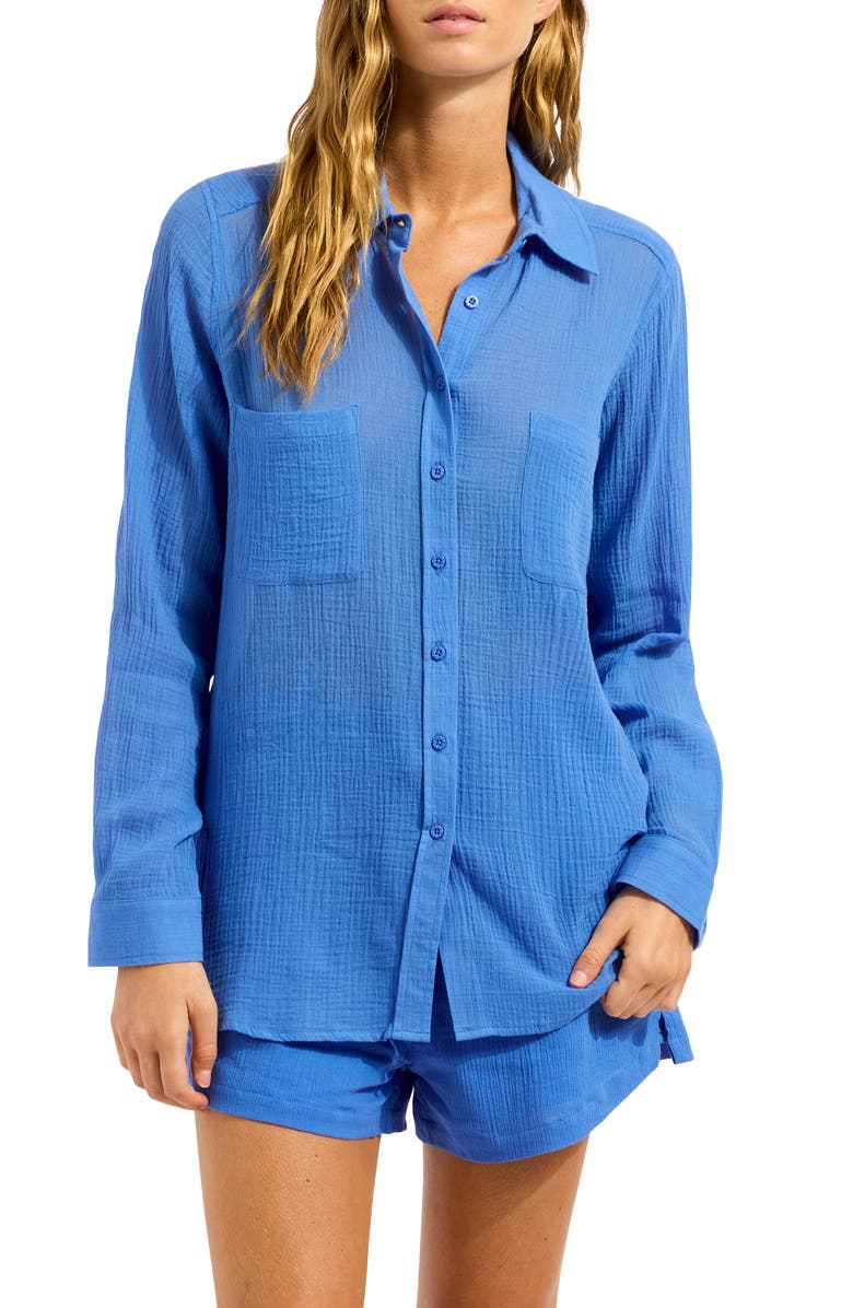 Seafolly Breeze Beach Button-Up Cotton Gauze Cover-Up Shirt, Main, color, Sapphire