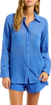 Seafolly Breeze Beach Button-Up Cotton Gauze Cover-Up Shirt