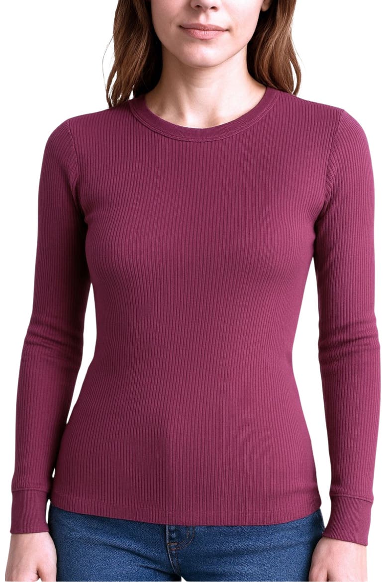 Women's Therma Rib Long Sleeve Thermal Crew, Main, color, Burgundy