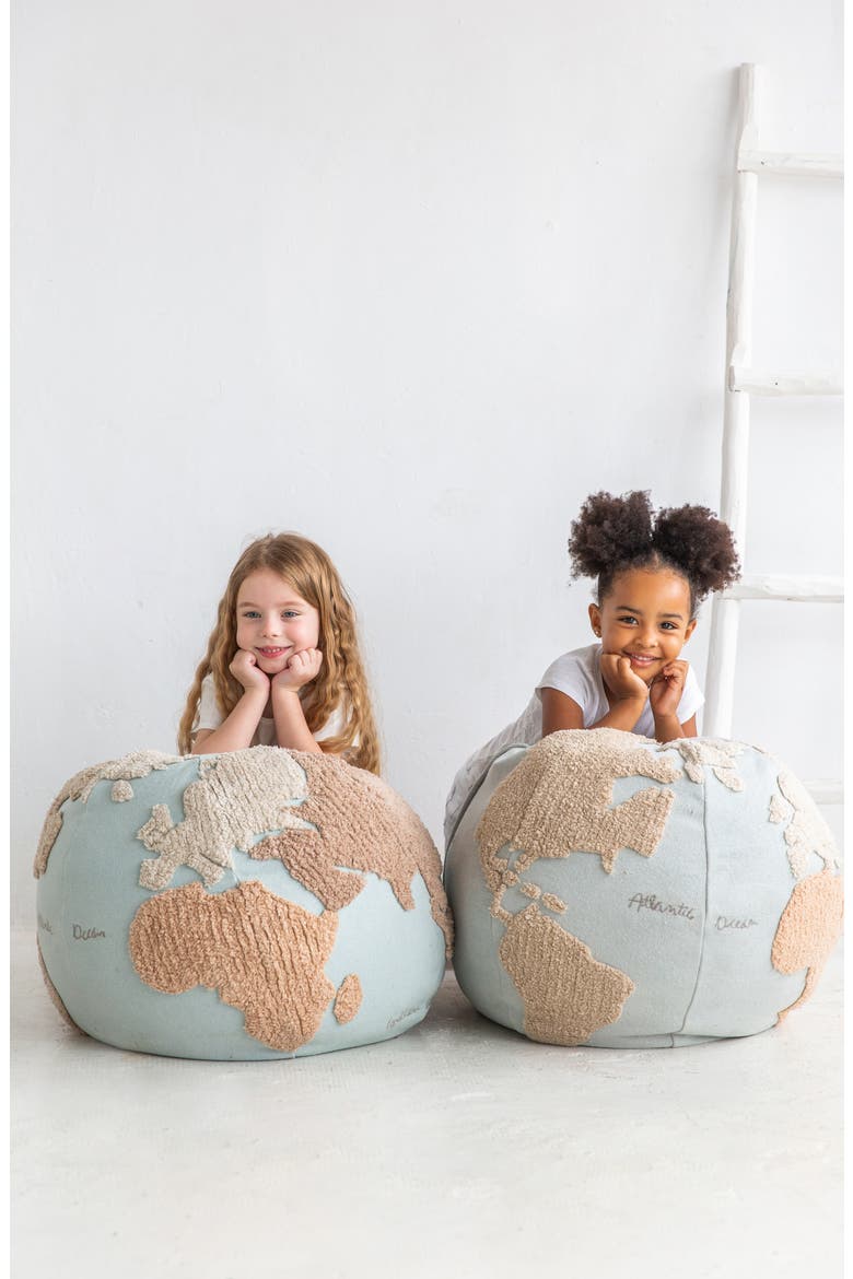 World Map Pouf, Alternate, color, LIGHT BLUE NATURAL LINEN