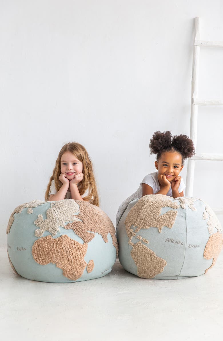 Lorena Canals World Map Pouf, Alternate, color, Light Blue Natural Linen