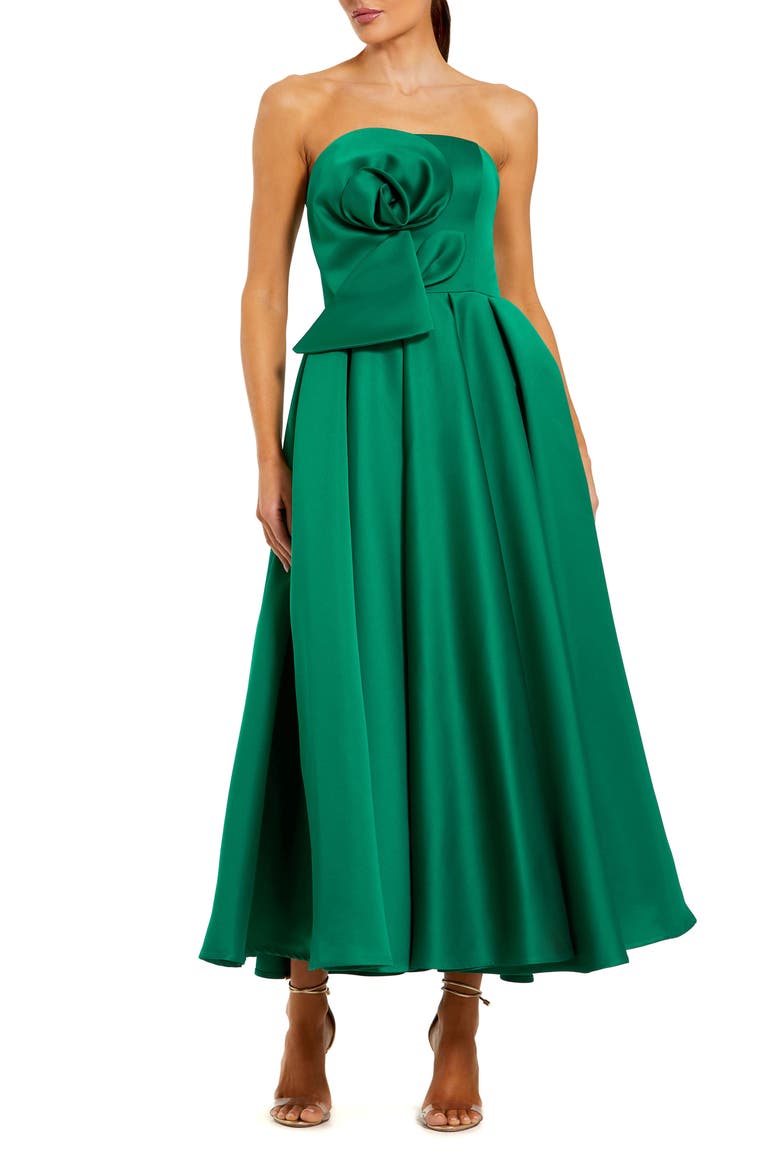 Strapless Satin A Line Midi Dress With 3D Flower, Main, color, Emerald