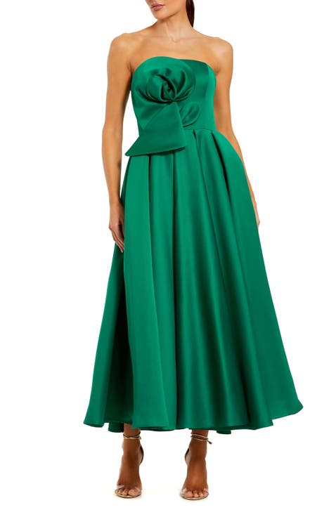 Strapless Satin A Line Midi Dress With 3D Flower