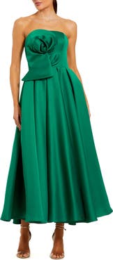 Mac Duggal Strapless Satin A Line Midi Dress With 3D Flower