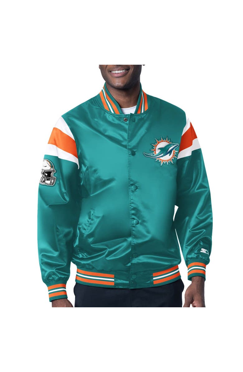 STARTER Men's Starter Aqua Miami Dolphins Satin Full-Snap Varsity Jacket, Main, color, 