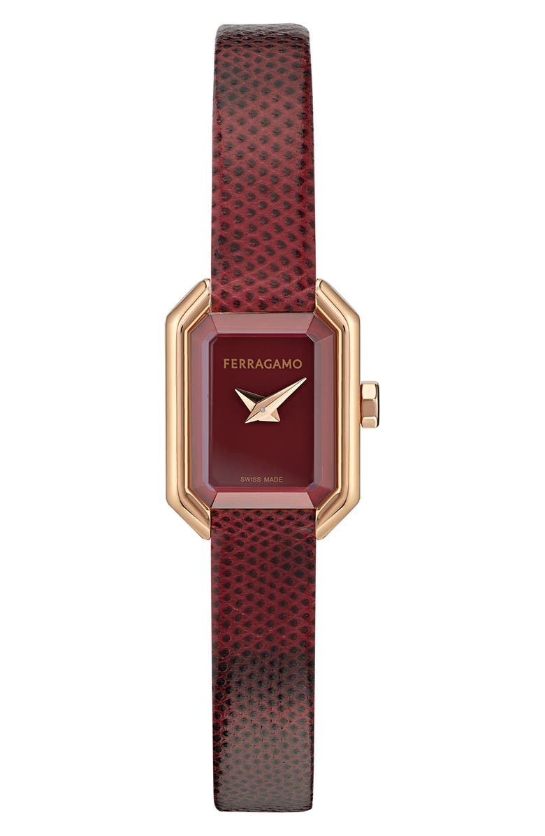 FERRAGAMO Crystal Petite Leather Strap Watch, 15mm x 20mm, Main, color, Ip Rose Gold/Embossed
