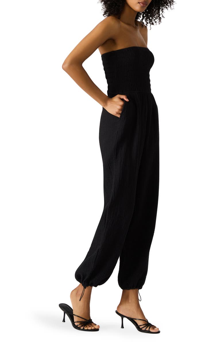 Steve Madden Echo Strapless Toggle Hem Cotton Blend Jumpsuit, Alternate, color,