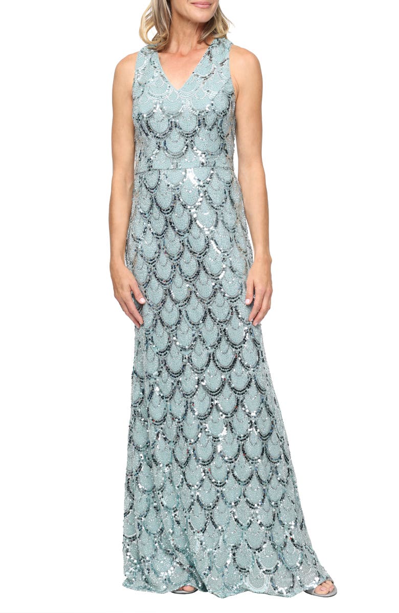 Alex Evenings Sequin & Bead Scallop Gown, Main, color, Sea
