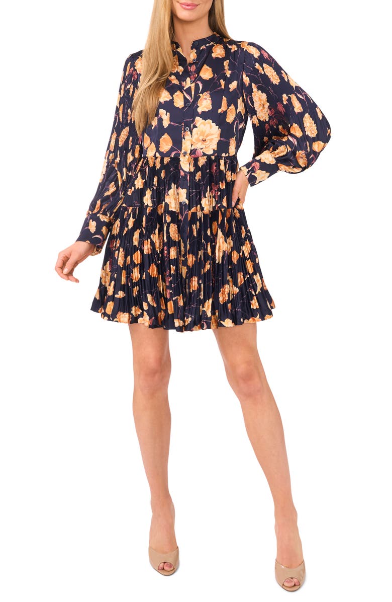 Ted Baker Floral Print Pleated Shirtdress, Main, color, Baritone Blue