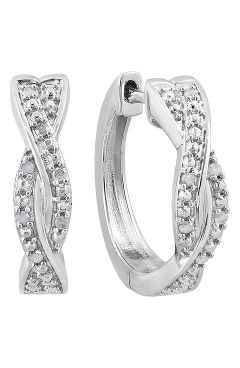 Sterling Silver Pavé Diamond Huggie Hoop Earrings