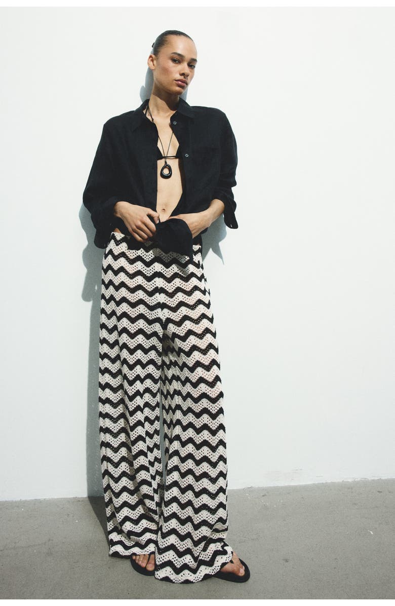H&M Wide Textured-knit Trousers, Alternate, color, Black/Zigzag Pattern