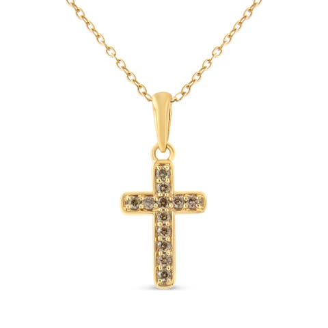 10K Yellow Gold Flashed Silver 1/4 Cttw Champagne Diamond Cross Pendant Necklace